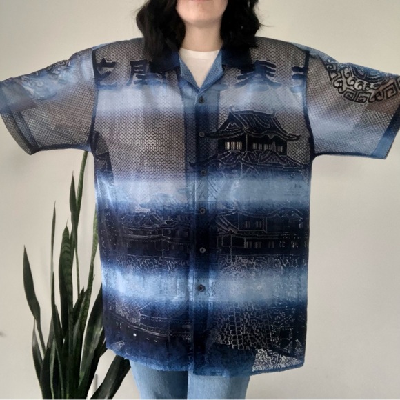 ❤️ LAST DAY Vintage Y2K B212 NYC Japanese Pagoda Mesh S/S Button Down Shirt - Picture 2 of 13